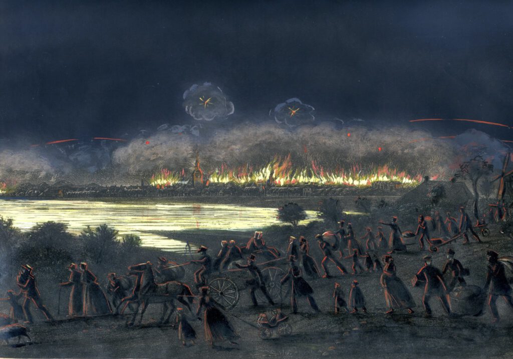 Die Lithographie von P.J. du Ferrang: Flucht der Bürger aus dem brennenden Friedrichstadt am Abend des 4. Oktober 1850