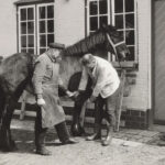 Schmied Peters mit Landwirt Karl Carstens beim Beschlagen eines Pferdes in der Prinzeßstraße, 1969