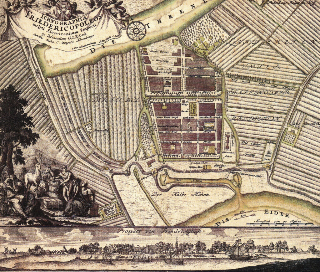 Die Ichnographia Friedericopoleos von G. I. E. Coch ist die erste genaue Karte von Friedrichstadt. Sie wurde um 1735 in Nürnberg gedruckt. Am unteren Bildrand sieht man ein Stadtpanorama von Süden.